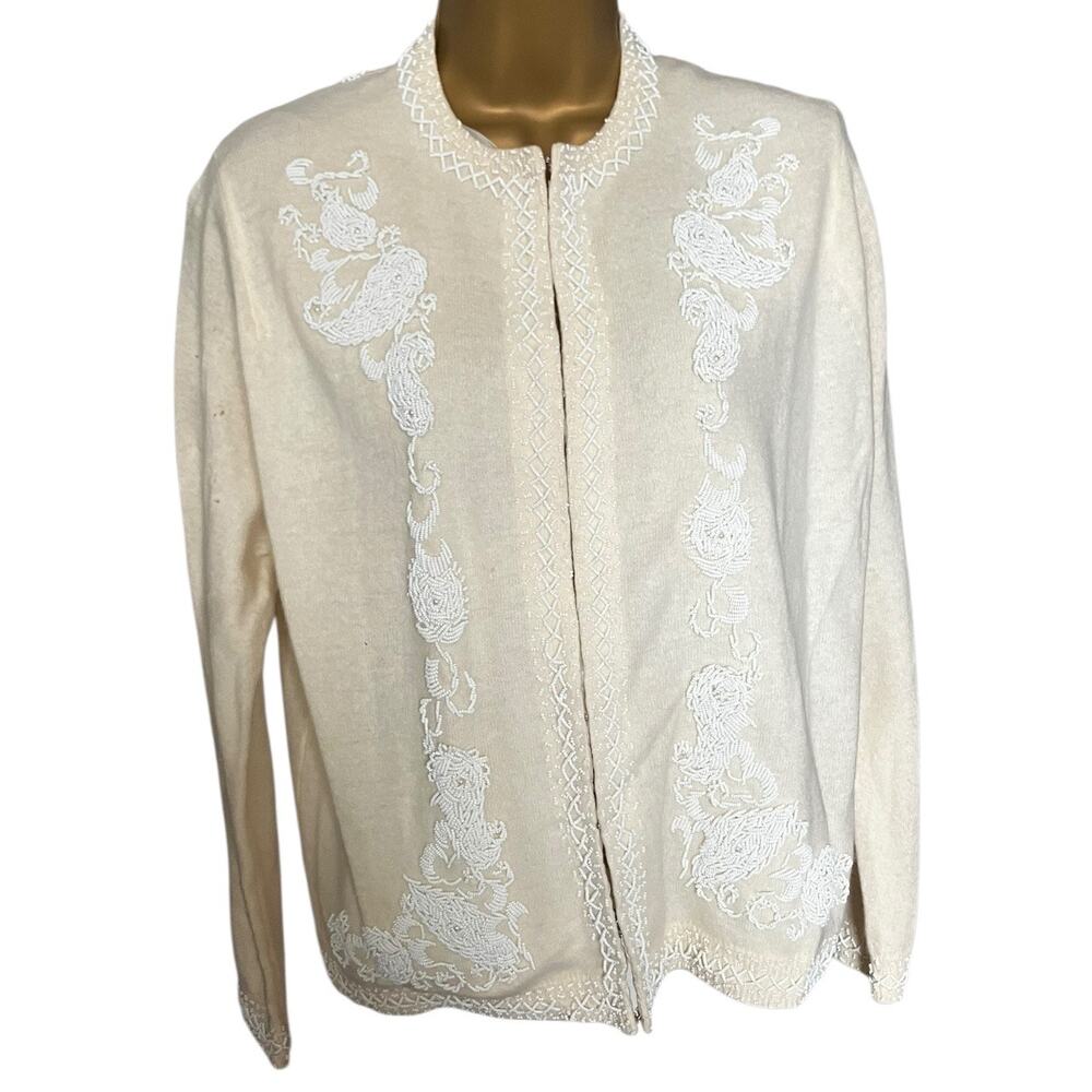 Vintage Royal Beaded Wool Angora Cardigan Cream White Made in Hong Kong 46